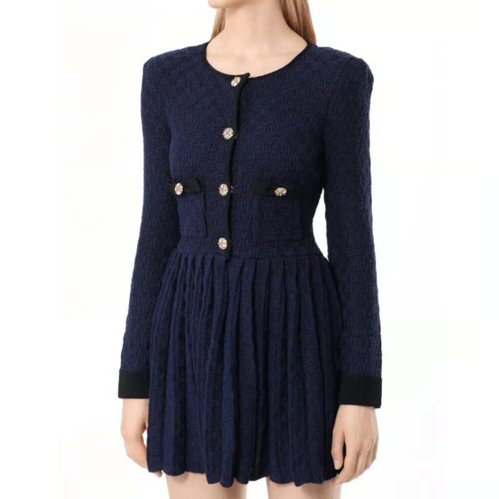 Self-Portrait | Navy weave knit tweed long sleeve pleated  mini dress | Sz L